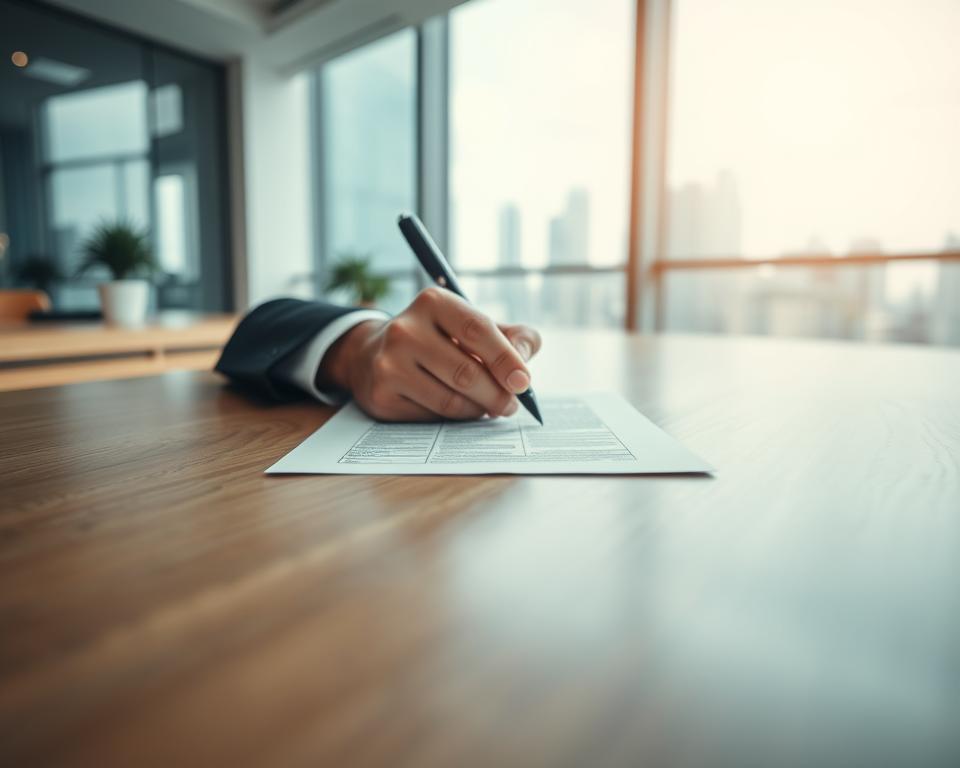 A modern, minimalist office space with clean lines and neutral tones. In the center, a businessman's hands fill out a form on a sleek wooden desk, representing the process of registering a business retroactively. Soft, diffused lighting illuminates the scene, creating a sense of professionalism and attention to detail. The background features a blurred cityscape, hinting at the broader context of running a business. The overall atmosphere conveys the importance and seriousness of the task at hand.