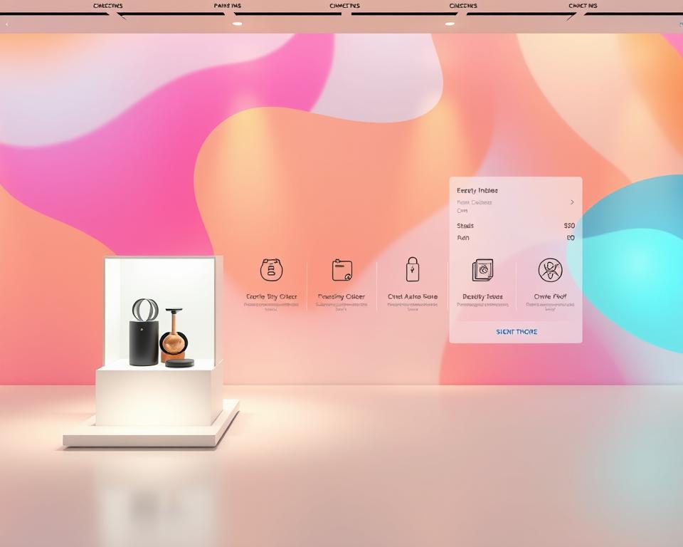 A modern, minimalist online shop with a clean, user-friendly interface. In the foreground, a stylized product display showcases innovative merchandise against a sleek, white backdrop. In the middle ground, a series of steps illustrate the intuitive checkout process, with icons and graphics guiding the customer's journey. The background features a vibrant, abstract pattern in complementary shades, creating a sense of energy and movement. Warm, directional lighting accentuates the product's details and highlights the seamless, efficient shopping experience. The overall mood is one of sophistication, clarity, and a celebration of innovative, high-quality products.