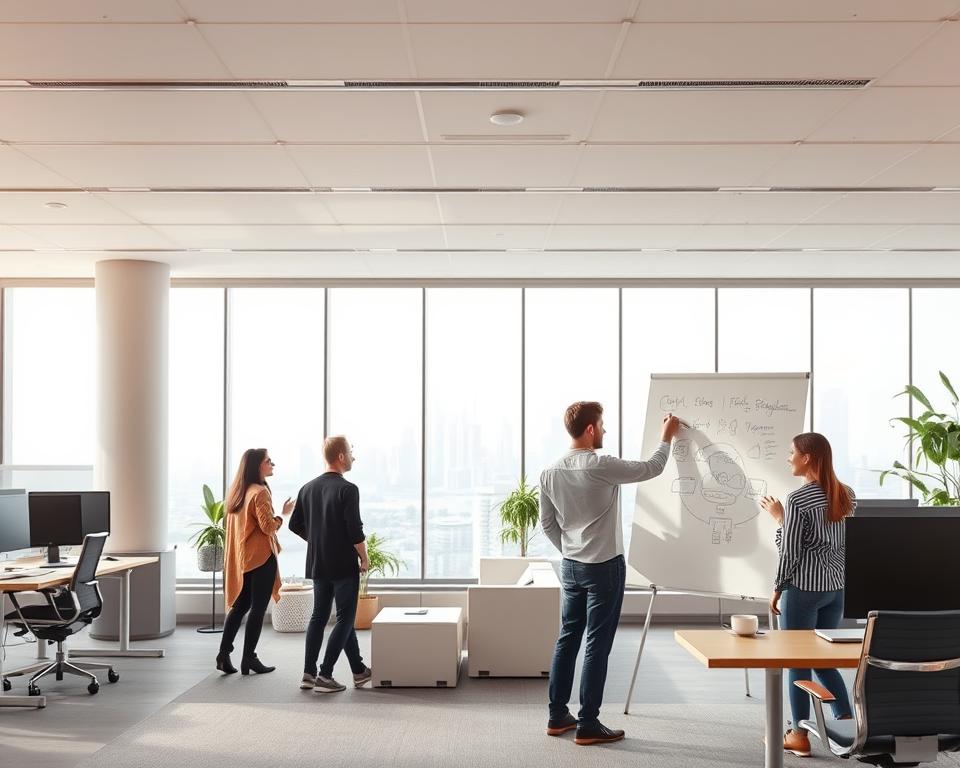 A modern office interior with a bright, airy atmosphere. In the foreground, a team of young entrepreneurs collaborating on a startup project, discussing ideas and sketching plans on a sleek whiteboard. The middle ground features a well-equipped workspace with comfortable seating, ergonomic desks, and state-of-the-art computer equipment. The background showcases an expansive city skyline visible through large windows, symbolizing the potential for growth and success. The lighting is soft and diffused, creating a sense of focus and productivity. The overall scene conveys a vibrant, innovative, and forward-thinking environment where startups can thrive with the support of KfW Startgeld.