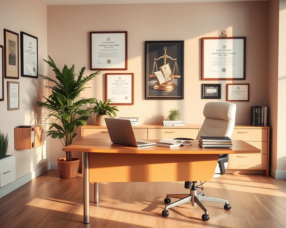 A modern office interior with a large desk and comfortable chair, featuring a laptop, books, and a potted plant. The walls are adorned with framed legal documents and certificates, symbolizing the legal aspects of entrepreneurship. Warm, natural lighting illuminates the scene, creating a professional and inviting atmosphere. The overall composition conveys the idea of a successful self-employed individual navigating the legal landscape of their business.