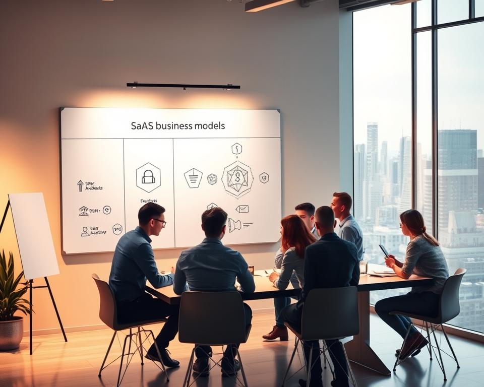 A modern office setting with a large, minimalist whiteboard on the wall. On the whiteboard, various SaaS business models are depicted using clean, geometric shapes and icons. In the foreground, a group of professionals in casual business attire are gathered around a conference table, engaged in a lively discussion. Warm, indirect lighting illuminates the scene, creating a sense of productivity and collaboration. The background features floor-to-ceiling windows overlooking a bustling city skyline, suggesting a dynamic, tech-savvy environment. The overall atmosphere conveys the idea of exploring and evaluating different SaaS distribution models.