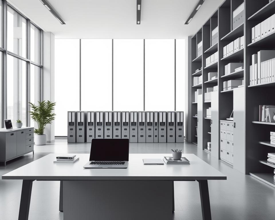 A modern office setting with an abstract, minimalist design. In the foreground, a sleek, minimalist desk with a laptop, tablet, and various office supplies. In the middle ground, a row of filing cabinets and bookshelves, showcasing a variety of financial documents and reports. The background features a large, floor-to-ceiling window, allowing natural light to flood the space and creating a sense of openness and professionalism. The color palette is a muted, sophisticated blend of grays, whites, and subtle accents of blues or greens, conveying a sense of stability and reliability. The overall atmosphere is one of efficiency, organization, and a focus on financial solutions for entrepreneurs.