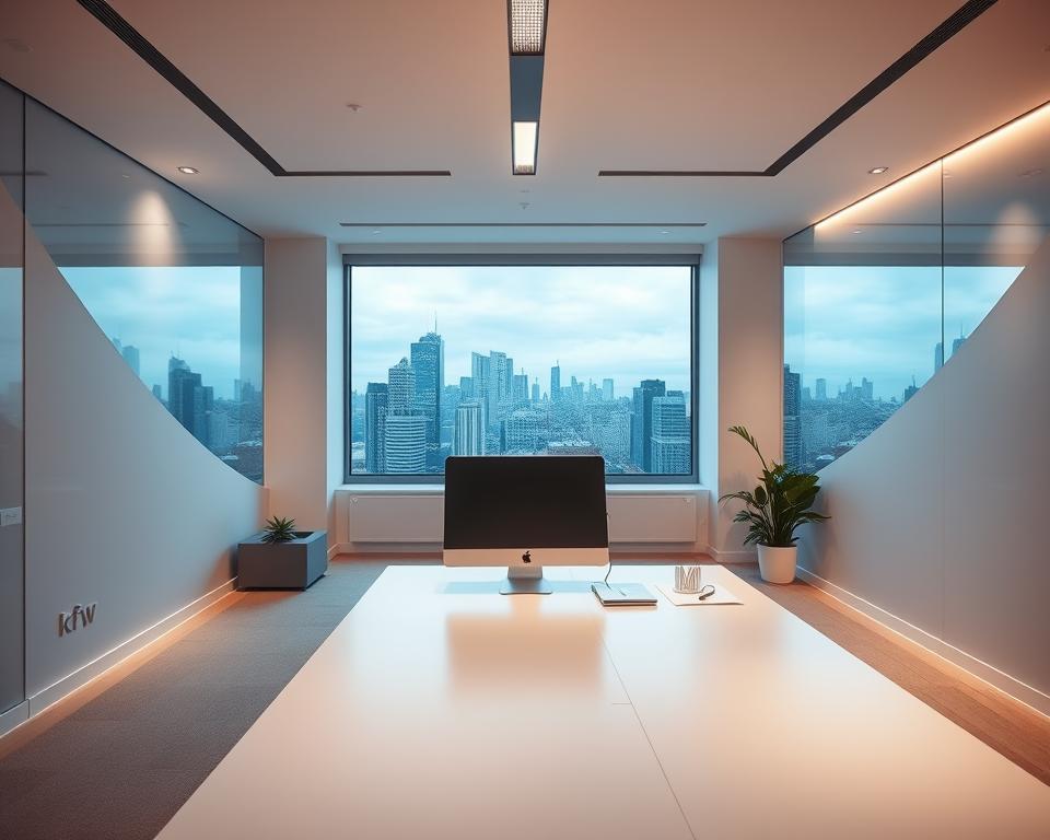 A modern office space with a sleek, minimalist design. Soft, diffused lighting illuminates the room, creating a warm and inviting atmosphere. In the foreground, a clean, uncluttered desk with a computer monitor and a few carefully placed office supplies. In the middle ground, a large window overlooking a bustling city skyline, hinting at the exciting financial opportunities awaiting the viewer. The background features clean, geometric shapes and patterns, suggesting the structured and organized nature of the financing process. The overall tone is one of professionalism, efficiency, and opportunity, perfectly capturing the essence of "Existenzgründung Finanzierung kfw". A modern office space with a sleek, minimalist design. Soft, diffused lighting illuminates the room, creating a warm and inviting atmosphere. In the foreground, a clean, uncluttered desk with a computer monitor and a few carefully placed office supplies. In the middle ground, a large window overlooking a bustling city skyline, hinting at the exciting financial opportunities awaiting the viewer. The background features clean, geometric shapes and patterns, suggesting the structured and organized nature of the financing process. The overall tone is one of professionalism, efficiency, and opportunity, perfectly capturing the essence of "Existenzgründung Finanzierung kfw".