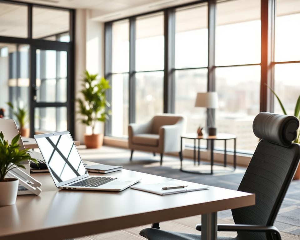 A modern office space with large windows, natural light flooding in. In the foreground, a stylish, minimalist desk showcases a laptop, a few carefully placed office supplies, and a potted plant. The middle ground features a cozy seating area with a plush armchair and a side table, creating an inviting atmosphere for financial planning and strategy discussions. The background subtly incorporates visual elements suggestive of financial stability, such as geometric patterns or abstract representations of currency. The overall scene conveys a sense of efficiency, productivity, and the confidence needed to finance one's entrepreneurial endeavors.