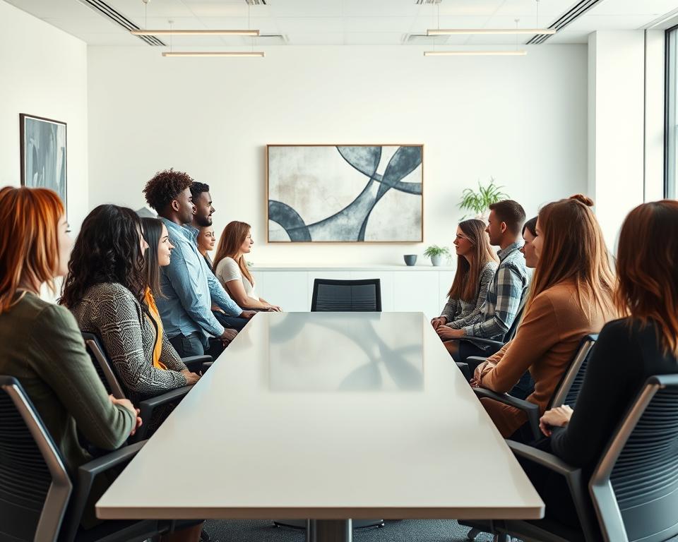 A modern, professional office environment with a minimalist design. In the foreground, a group of diverse people engaged in discussion, their faces illuminated by warm, natural lighting. In the middle ground, a sleek conference table surrounded by ergonomic chairs, creating a collaborative atmosphere. The background features clean, white walls adorned with abstract art and floor-to-ceiling windows, allowing natural light to flood the space. The overall tone is one of productivity, innovation, and community, reflecting the Gründerhilfe-NRW Beratungsnetzwerk's mission to support and empower entrepreneurs.