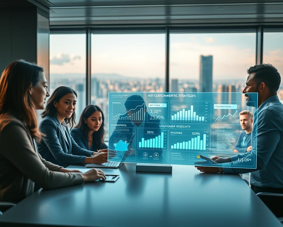 A modern, sleek business landscape with a focus on customer-centric strategies. In the foreground, a group of diverse professionals collaborating around a table, their expressions conveying engagement and innovation. The middle ground features a large, holographic display showcasing key performance metrics and customer insights, illuminated by warm, directional lighting. In the background, a panoramic window offers a view of a bustling city skyline, symbolizing the dynamic, connected nature of the business world. The overall mood is one of productivity, collaboration, and a deep understanding of customer needs, captured through a cinematic, high-quality lens.