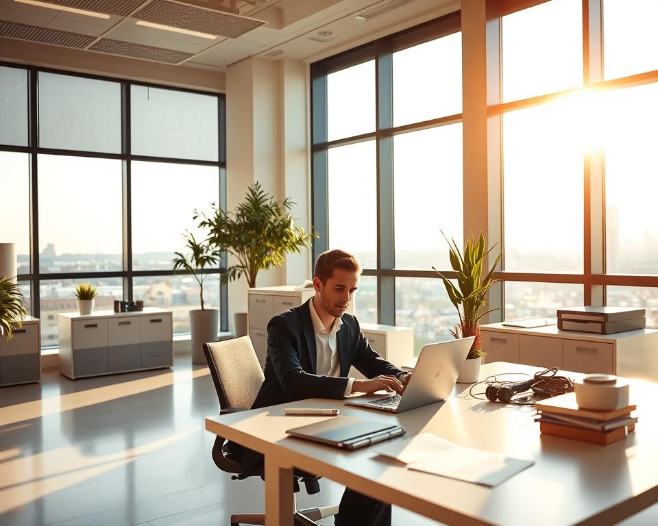 A modern, sleek office interior with a clean, minimalist aesthetic. Abundant natural light streams in through large windows, casting warm, golden tones throughout the space. In the foreground, a businessperson sits at a minimalist desk, using a laptop with a focused, productive expression. The middle ground features filing cabinets, a potted plant, and other organizational elements, hinting at the administrative tasks and efficiency of online business registration. The background showcases a cityscape visible through the windows, emphasizing the urban, connected nature of modern enterprise. The overall mood is one of professionalism, simplicity, and the advantages of digital business processes. A modern, sleek office interior with a clean, minimalist aesthetic. Abundant natural light streams in through large windows, casting warm, golden tones throughout the space. In the foreground, a businessperson sits at a minimalist desk, using a laptop with a focused, productive expression. The middle ground features filing cabinets, a potted plant, and other organizational elements, hinting at the administrative tasks and efficiency of online business registration. The background showcases a cityscape visible through the windows, emphasizing the urban, connected nature of modern enterprise. The overall mood is one of professionalism, simplicity, and the advantages of digital business processes.