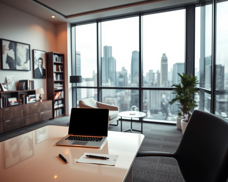 A modern, sleek office interior with a large window overlooking a bustling city skyline. In the foreground, a polished, minimalist desk with a laptop, pen, and a few simple office supplies. The middle ground features a comfortable armchair and small side table, creating a cozy workspace. The background showcases a wall with abstract art pieces and a bookshelf filled with business and entrepreneurship resources. The lighting is soft and warm, creating an atmosphere of professionalism and productivity. The overall tone is one of sophistication, focus, and the potential for new business ventures. A modern, sleek office interior with a large window overlooking a bustling city skyline. In the foreground, a polished, minimalist desk with a laptop, pen, and a few simple office supplies. The middle ground features a comfortable armchair and small side table, creating a cozy workspace. The background showcases a wall with abstract art pieces and a bookshelf filled with business and entrepreneurship resources. The lighting is soft and warm, creating an atmosphere of professionalism and productivity. The overall tone is one of sophistication, focus, and the potential for new business ventures.