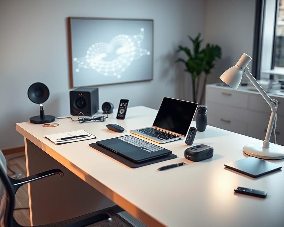 A modern, sleek workspace with a central desk featuring a laptop, tablet, and various creative tools. Soft, diffused lighting illuminates the scene, casting gentle shadows. In the background, a minimalist art piece or abstract digital visualization adds visual interest. The overall atmosphere is one of focused productivity and innovative AI-powered content creation.
