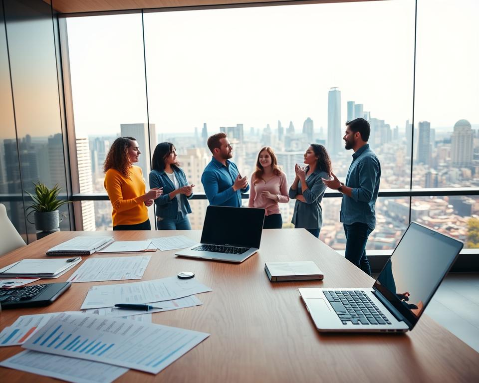A modern, well-lit office space with a large, sleek wooden desk in the foreground. On the desk, various financial documents, a laptop, and a calculator are neatly arranged. In the middle ground, a team of young, diverse entrepreneurs are engaged in a lively discussion, gesturing and collaborating. The background features a panoramic city skyline, with skyscrapers and a vibrant, bustling atmosphere. The lighting is warm and inviting, creating a sense of productivity and innovation. The overall scene conveys the concept of various financing options available for start-ups without requiring significant upfront capital. A modern, well-lit office space with a large, sleek wooden desk in the foreground. On the desk, various financial documents, a laptop, and a calculator are neatly arranged. In the middle ground, a team of young, diverse entrepreneurs are engaged in a lively discussion, gesturing and collaborating. The background features a panoramic city skyline, with skyscrapers and a vibrant, bustling atmosphere. The lighting is warm and inviting, creating a sense of productivity and innovation. The overall scene conveys the concept of various financing options available for start-ups without requiring significant upfront capital.