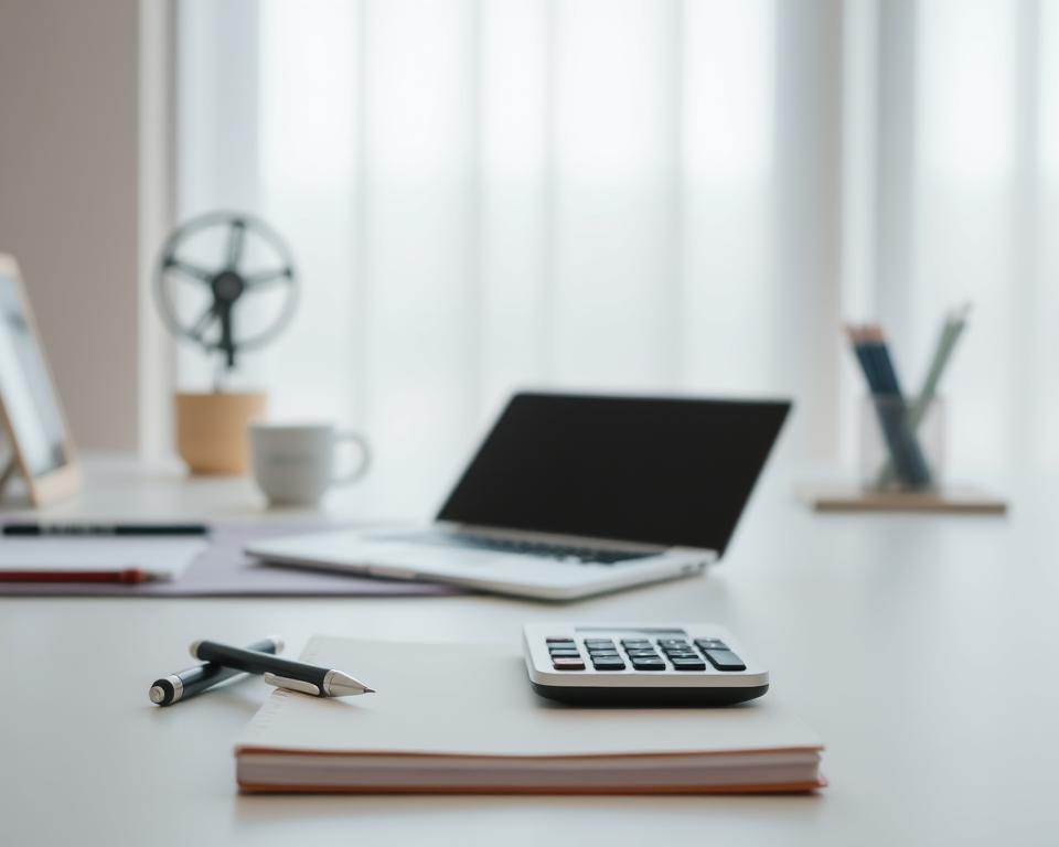A neatly organized desk with a clean, minimal design, representing the concept of prioritization. The foreground features a few carefully selected office supplies - a sleek pen, a small notebook, and a modern calculator - arranged in a visually appealing manner. The middle ground showcases a laptop or tablet, signifying the digital aspect of modern work. In the background, a serene, out-of-focus window or wall provides a calming, neutral backdrop, allowing the prioritized elements to take center stage. Soft, natural lighting illuminates the scene, creating a sense of simplicity and focus. The overall mood is one of efficiency, clarity, and a thoughtful approach to task management.