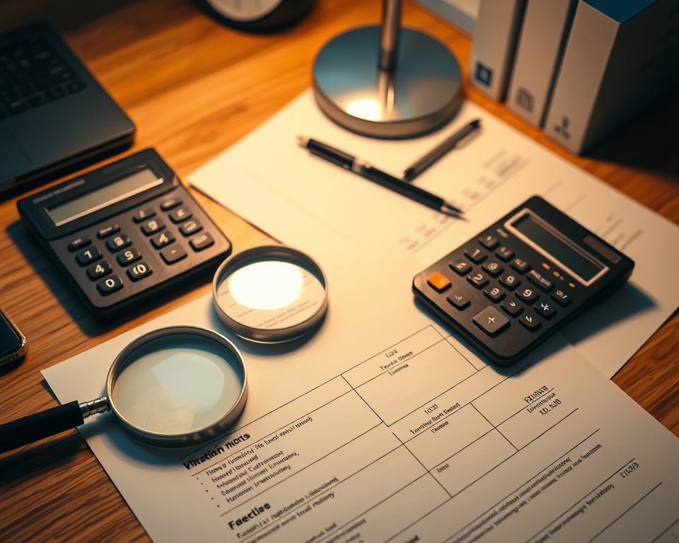 A neatly organized desk with a magnifying glass, a calculator, and a stack of documents showcasing the key details of starting a GmbH in Germany. The lighting is warm and inviting, creating a sense of professionalism and attention to detail. The angle is slightly elevated, providing a comprehensive view of the workspace. The overall atmosphere conveys a clear understanding of the costs and requirements associated with establishing a limited liability company in the German market.