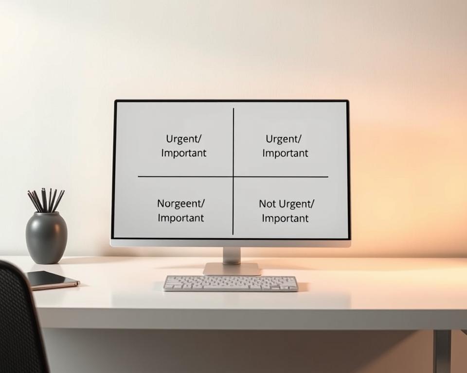 A neatly organized matrix displayed on a sleek, minimalist desk. The matrix is composed of four quadrants, each labeled with a unique prioritization method: Urgent/Important, Urgent/Not Important, Not Urgent/Important, and Not Urgent/Not Important. The matrix is rendered in a muted color palette, emphasizing the clarity and simplicity of the design. Soft, diffused lighting casts a warm glow over the scene, creating a professional and contemplative atmosphere. The desk surface is uncluttered, allowing the matrix to take center stage as the focal point. The overall composition conveys a sense of structure, organization, and efficiency, perfectly suited to illustrate the "Methoden der Priorisierung" section of the article.