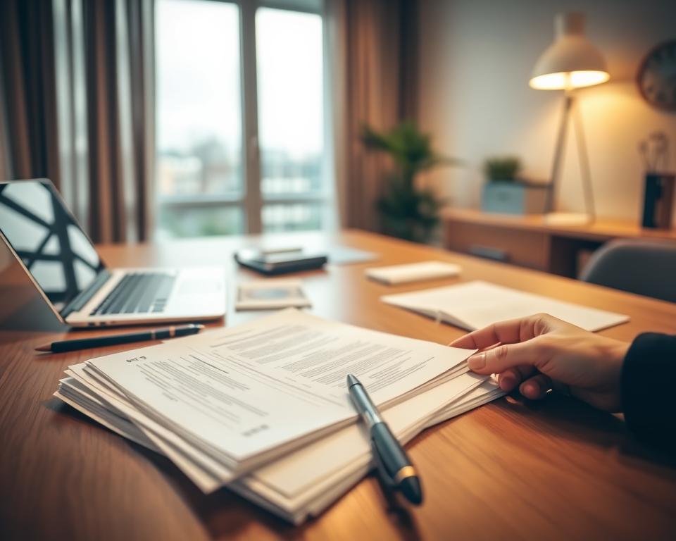 A neatly organized office workspace with a laptop, documents, and a pen on a wooden desk. Warm, indirect lighting casts a soft glow, creating a professional yet inviting atmosphere. The foreground features a stack of forms and paperwork, representing the application process for the Gründungszuschuss program. In the middle ground, a hand is reaching towards the documents, symbolizing the diligent and thoughtful completion of the necessary requirements. The background showcases a window overlooking a cityscape, hinting at the broader context and significance of this entrepreneurial endeavor.