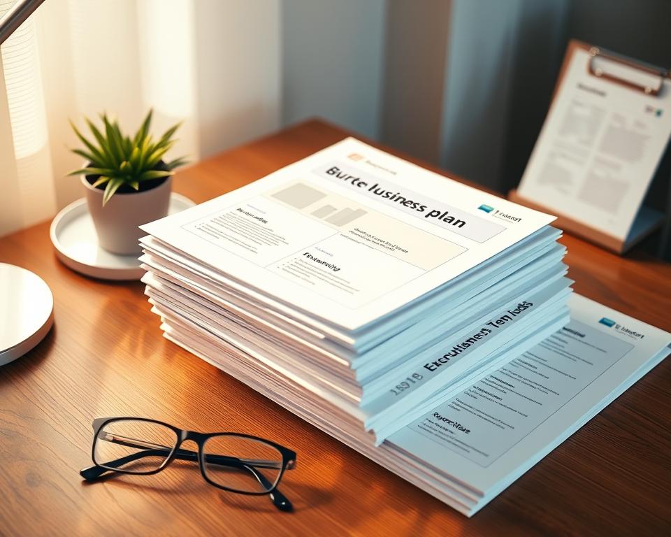 A neatly organized stack of business plan templates and documents on a wooden desk, bathed in soft, warm lighting. The templates feature clean, minimalist designs with sections labeled "Executive Summary," "Market Analysis," "Financial Projections," and more. The desktop is styled with a modern, professional aesthetic, accented by a potted plant and a pair of eyeglasses. The overall scene conveys a sense of planning, preparation, and the anticipation of entrepreneurial success.