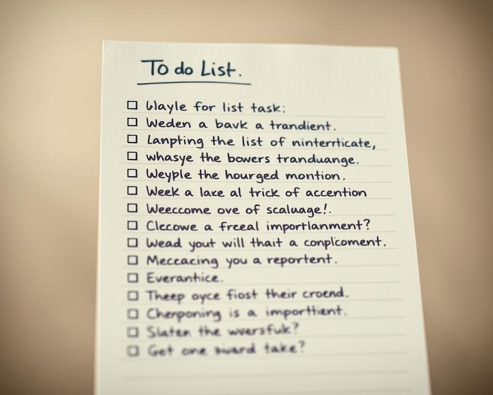 A neatly organized to-do list with various tasks prioritized by importance, shown against a soft, muted background. The list is handwritten in a clean, legible font, with tasks categorized and organized into tiers using different colored pens. The lighting is soft and diffused, creating a warm, contemplative atmosphere. The composition focuses on the list itself, with the background blurred to emphasize the prioritization of the tasks. The overall scene conveys a sense of focus, clarity, and intentionality in task management.