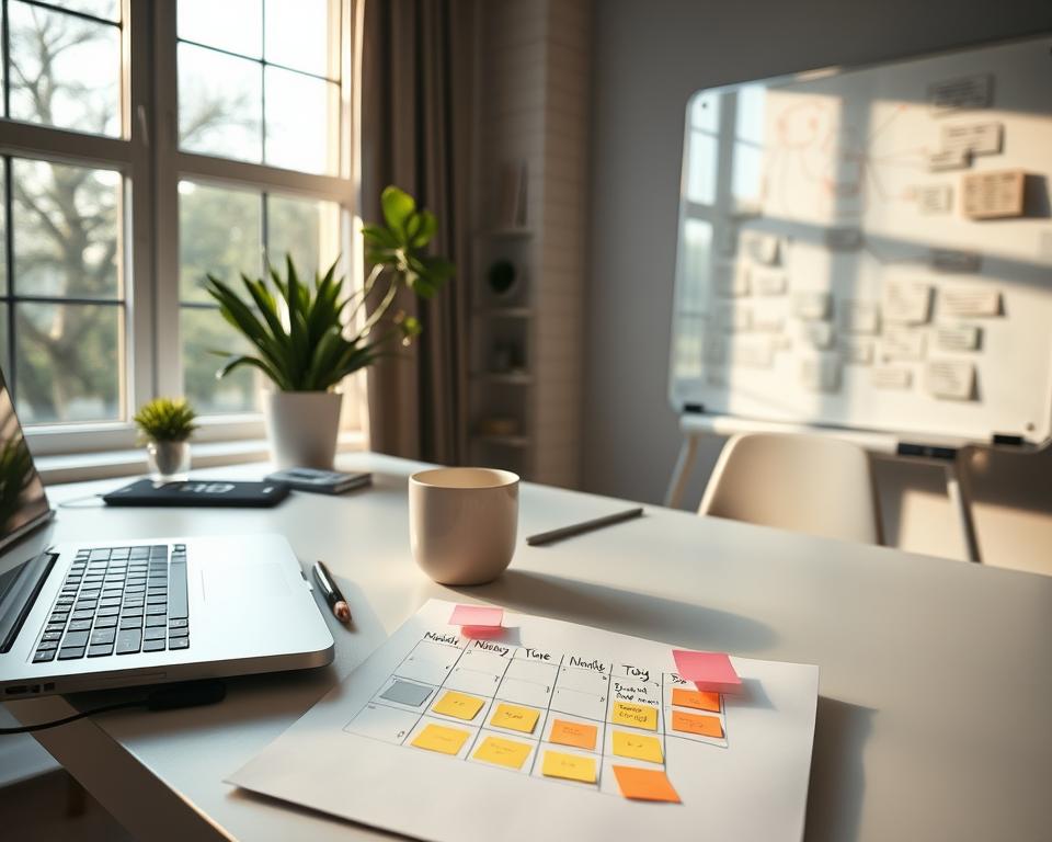 A neatly organized workspace with a sleek desk, a laptop, a planner, and a mug of coffee. Soft, natural lighting filters through large windows, casting a warm glow on the scene. Minimal decor, clean lines, and a serene, focused atmosphere set the tone for effective time management and strategic planning. In the foreground, a hand-drawn calendar and sticky notes outline a detailed daily schedule, while in the background, a whiteboard displays visually appealing mind maps and flow diagrams. The overall impression is one of efficiency, productivity, and a thoughtful approach to prioritizing tasks and achieving goals.