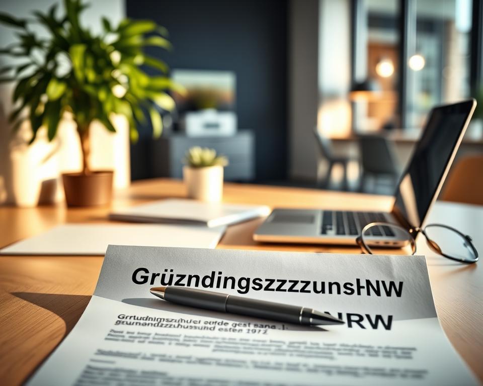 A picturesque office scene with a minimalist desk, a sleek laptop, and a vibrant plant. Warm, soft lighting from a nearby window illuminates the space, creating a calming and professional atmosphere. The foreground features a document with the prominent title "Gründungszuschuss NRW," signifying the focus of the image. The middle ground showcases a neatly organized workspace, with a pen, a pair of glasses, and a cup of coffee, hinting at the productive environment. The background blurs into a modern, well-appointed interior, suggesting a thriving business setting. The overall composition conveys a sense of efficiency, opportunity, and the potential for success associated with the Gründungszuschuss NRW program.