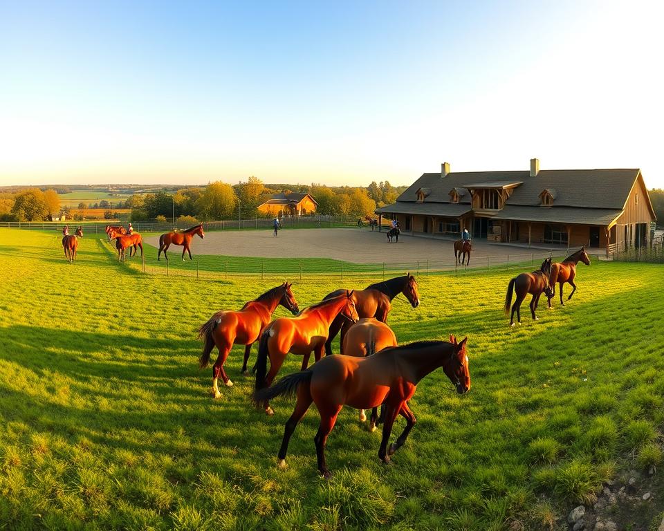 A picturesque panoramic view of a thriving equestrian sector, captured under a warm, golden hour glow. In the foreground, a herd of majestic horses graze peacefully in a lush, verdant meadow, their coats shimmering in the soft light. The middle ground features a well-equipped riding arena, where equestrians practice their skills, showcasing the dynamic nature of the industry. In the background, a quaint, rustic stable complex stands proudly, its wooden beams and thatched roofs evocative of a time-honored tradition. The overall atmosphere exudes a sense of opportunity, highlighting the potential for businesses to flourish within this vibrant, equine-centric landscape.