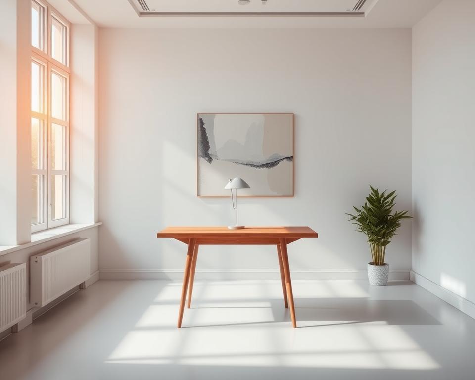 A pristine office space, bathed in warm, natural light filtering through large windows. In the center, a sleek, wooden desk stands, its surface devoid of any paperwork or clutter. A simple, elegant lamp casts a soft glow, illuminating the space. On the wall behind the desk, a minimalist, abstract art piece in muted tones provides a striking focal point. The overall atmosphere exudes a sense of order, professionalism, and quiet contemplation, reflecting the concept of "rückwirkende Gewerbeanmeldung" - a retroactive business registration.