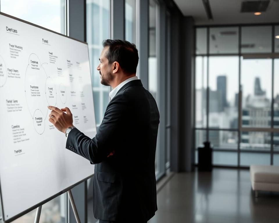A professional business leader stands in a modern, well-lit office, contemplating a complex diagram on a large whiteboard. The leader's expression is focused, their body language exuding confidence and authority. The office space is sleek and minimalist, with clean lines, muted colors, and strategic lighting that creates a sense of clarity and purpose. In the background, a city skyline is visible through large windows, suggesting a connection between the leader's strategic vision and the wider world of business. The overall atmosphere conveys a sense of strategic thinking, organizational philosophy, and a commitment to excellence.