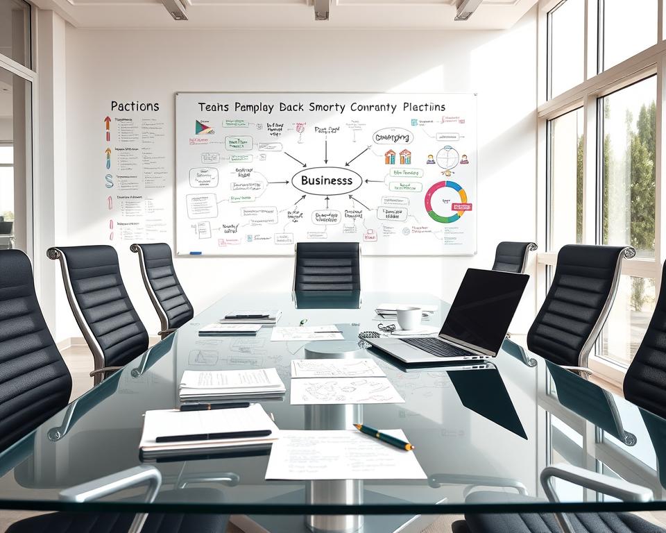 A richly detailed image of the fundamental principles and strategies for successful business ideas. A bright, airy workspace with natural lighting filters through large windows, illuminating a sleek glass conference table surrounded by ergonomic chairs. On the table, neatly organized notepads, pens, and a laptop display a mind map of key business concepts. In the background, a whiteboard filled with colorful diagrams and bullet points outlines the essential elements of a profitable business venture. The atmosphere conveys a sense of inspiration, innovation, and the determination to transform an idea into a thriving enterprise.