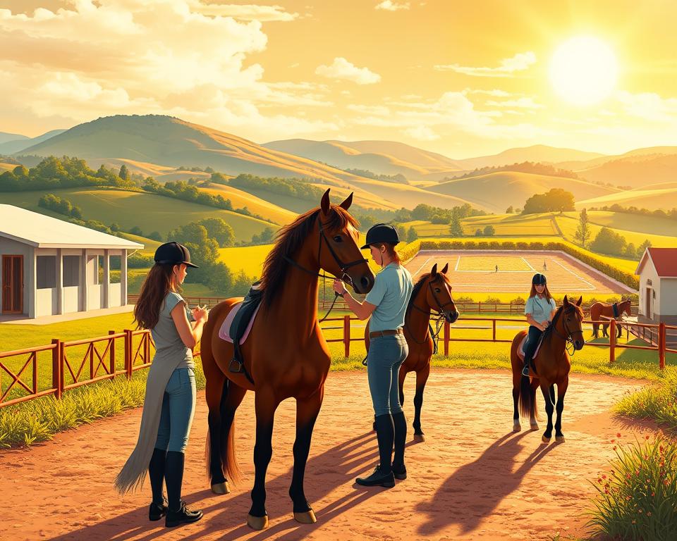 A scenic illustration of a vibrant equestrian training facility, bathed in warm, golden sunlight. In the foreground, a group of aspiring riders undergo expert instruction, refining their skills as they groom and tack their horses. The middle ground reveals a well-equipped stable, with pristine stalls and a serene training arena. In the background, rolling hills and lush greenery create a picturesque, pastoral setting, conveying the tranquility and natural beauty inherent to the equine industry. The scene exudes a sense of diligence, focus, and the rewarding bond between human and horse, capturing the essence of professional development within the equestrian field.