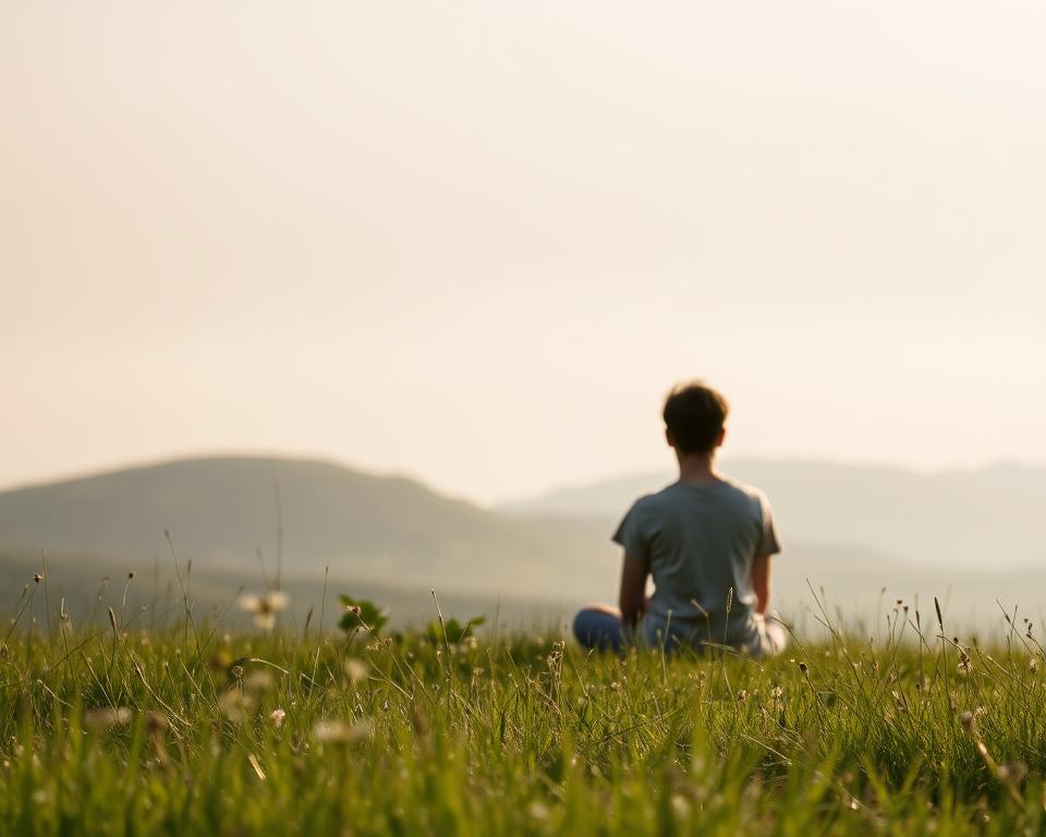 A serene and introspective scene of a person sitting cross-legged in a tranquil meadow, contemplating the priorities in their life. The figure is depicted in a soft, warm light, their face obscured, inviting the viewer to reflect on their own sense of purpose and balance. In the foreground, delicate wildflowers sway gently, while the middle ground features a rolling hill landscape, and the background is a hazy, atmospheric sky in soft, muted tones. The overall mood is one of introspection, clarity, and a sense of finding equilibrium amidst life's demands.