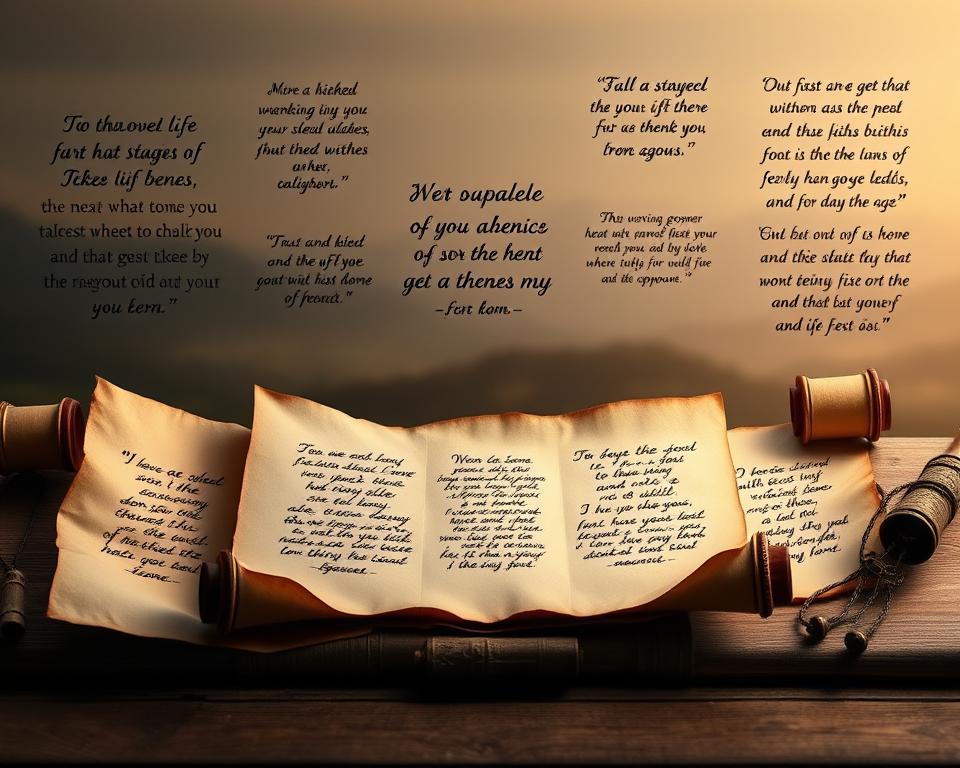 A serene and tranquil scene featuring an array of inspirational and motivating handwritten quotes and life wisdoms elegantly displayed on ornate parchment scrolls. The scrolls are illuminated by a warm, soft light, casting a comforting glow across the composition. The background is a serene, ethereal landscape with muted hues and a sense of timelessness. The overall atmosphere is one of contemplation, reflection, and a renewed sense of purpose. The layout is balanced and visually striking, drawing the viewer's eye to the captivating calligraphic details of the handwritten text.