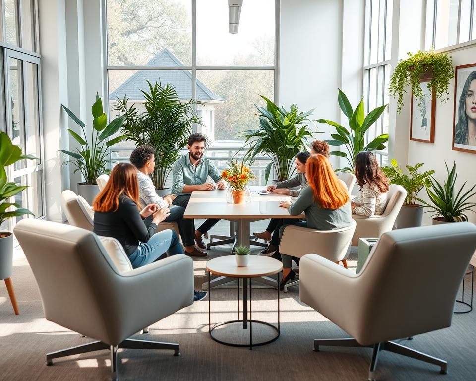 A serene and well-organized office space, filled with natural light streaming through large windows. Plush ergonomic chairs in a muted color palette, strategically placed to encourage open discussion. A central table with a minimalist design, surrounded by team members engaged in lively conversation, their body language conveying a sense of collaboration and mutual understanding. Vibrant houseplants and artwork adorning the walls, creating a warm and inviting atmosphere. The overall scene evokes a culture of open feedback, where ideas are freely exchanged, and employees feel empowered to contribute.