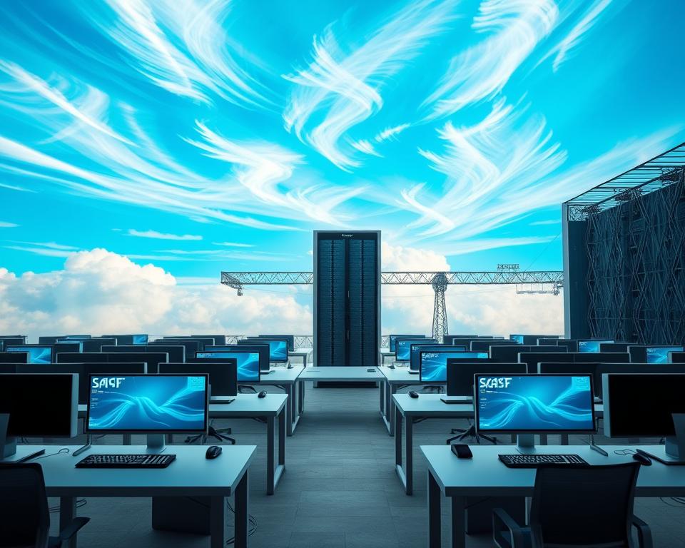 A serene cloud-based software landscape, with wispy cirrus formations drifting across a vibrant azure sky. In the foreground, sleek, minimalist workstations arranged in an open-concept office, their screens displaying intuitive SaaS interfaces. The middle ground features a towering data center, its servers humming with the processing power that drives the cloud-based applications. In the background, a network of interconnected nodes and cables, symbolizing the seamless integration of cloud-based solutions. Soft, diffused lighting casts a warm, productive glow over the scene, conveying the efficiency and accessibility of SaaS-based business models.
