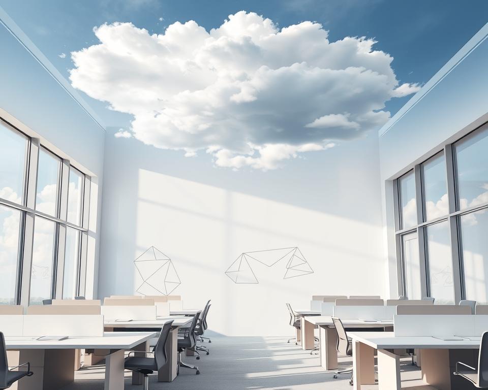A serene, cloud-filled sky hovers above a modern, minimalist office space. Sleek desks and chairs in neutral tones occupy the foreground, with large windows allowing natural light to cascade in. In the middle ground, abstract geometric shapes and patterns adorn the walls, symbolizing the interconnected nature of cloud-based enterprise management. The lighting is soft and diffused, creating a sense of tranquility and focus. The overall atmosphere evokes efficiency, organization, and the seamless integration of technology into the workplace.