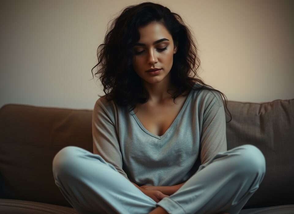 A serene, contemplative scene depicting a woman engaged in deep self-reflection amidst the routine of daily life. She sits cross-legged on a couch, gazing inwardly, her face partially obscured by soft lighting casting warm hues. The background is blurred, conveying a sense of focus and introspection, with muted tones and minimal distractions. The woman's posture and expression radiate a peaceful, thoughtful mood, suggesting the importance of taking time for self-awareness and prioritization within the context of relationships and daily responsibilities.