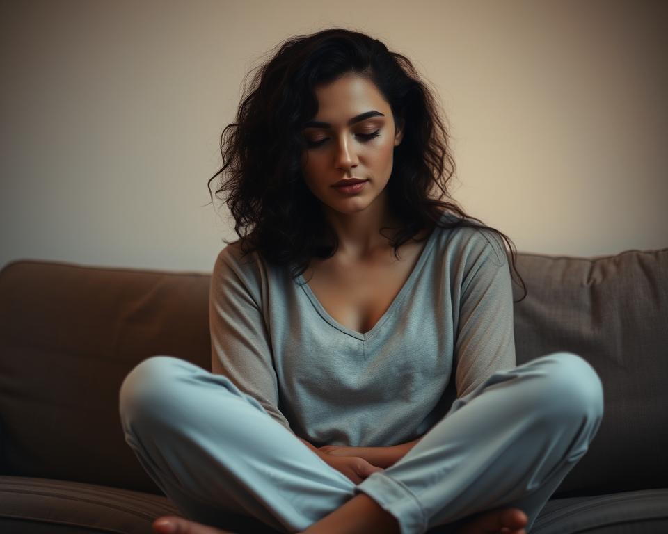 A serene, contemplative scene depicting a woman engaged in deep self-reflection amidst the routine of daily life. She sits cross-legged on a couch, gazing inwardly, her face partially obscured by soft lighting casting warm hues. The background is blurred, conveying a sense of focus and introspection, with muted tones and minimal distractions. The woman's posture and expression radiate a peaceful, thoughtful mood, suggesting the importance of taking time for self-awareness and prioritization within the context of relationships and daily responsibilities.