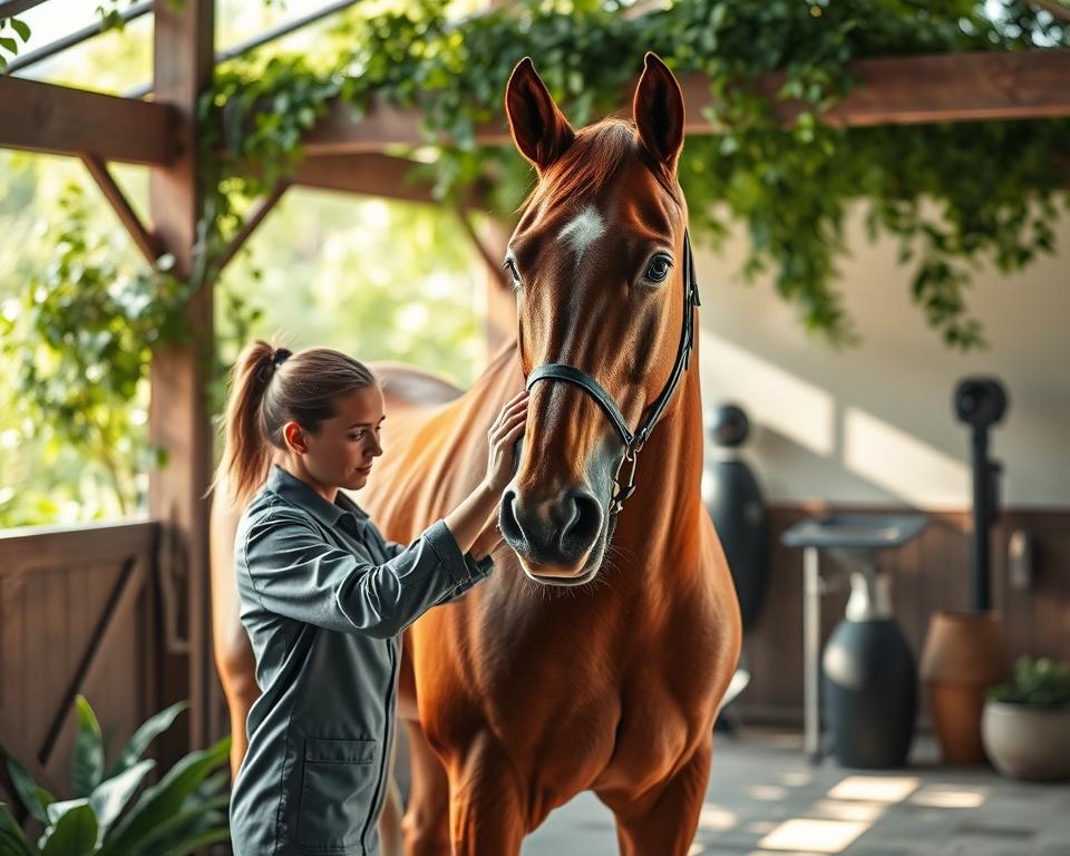 A serene equestrian spa nestled amidst lush greenery, where a skilled technician delicately grooms a magnificent chestnut horse. Soft natural lighting filters through the airy space, casting a warm glow on the scene. The technician, dressed in a crisp uniform, carefully brushes the horse's coat, revealing a lustrous sheen. In the background, subtle hints of innovative equipment and holistic treatments suggest a cutting-edge approach to equine care. The overall atmosphere exudes a sense of tranquility and professionalism, reflecting the high-quality, tailored services offered by this innovative pferdepflege service.