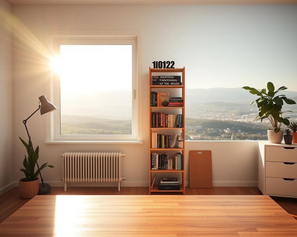 A serene home office setup, bathed in warm, natural light filtering through a large window. A minimalist wooden desk stands in the foreground, clean and uncluttered, hinting at the potential for productivity without the need for substantial startup capital. In the middle ground, a bookshelf displays a collection of inspiring entrepreneurial books, a symbol of self-reliance and the pursuit of knowledge. The background features a calming landscape, rolling hills or a serene cityscape, emphasizing the idea of launching a business without the burden of extensive financial resources. The overall mood is one of calm, focus, and the empowering belief that one can achieve self-employment and independence, even with limited capital.