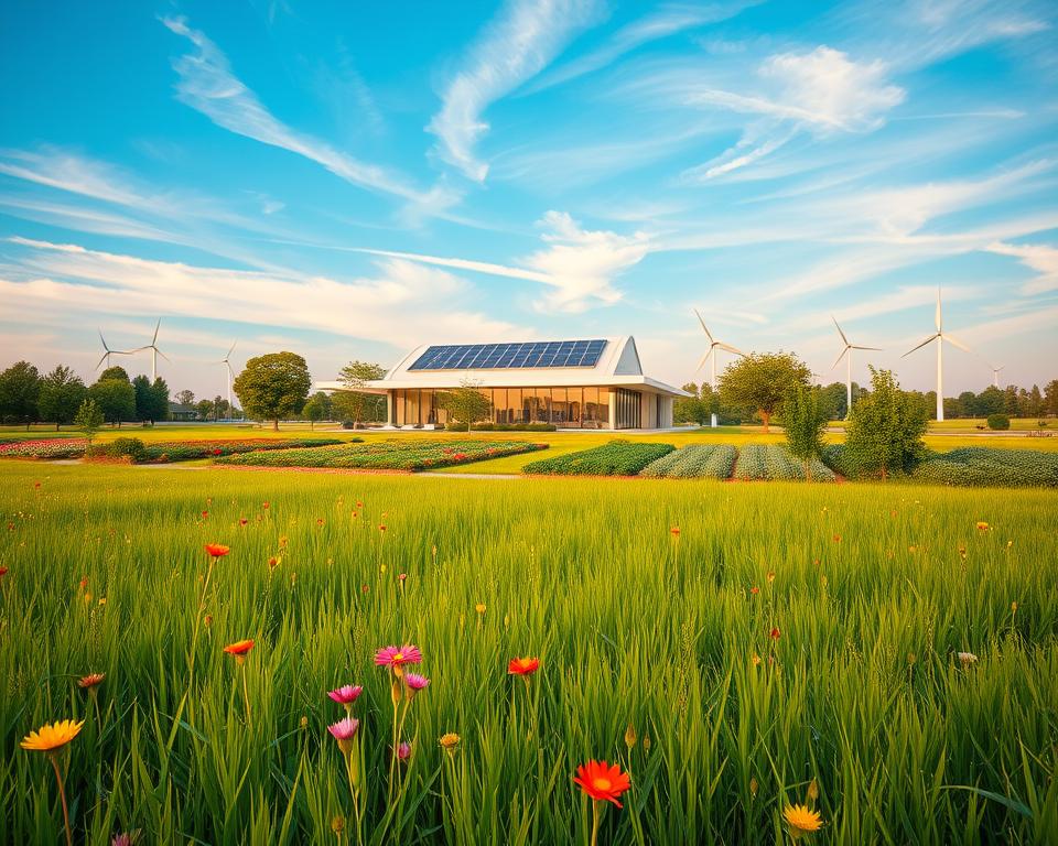 A serene landscape with a modern, sustainable business model at its center. In the foreground, a lush green meadow dotted with vibrant wildflowers. In the middle ground, a sleek, minimalist office building with solar panels on the roof and wind turbines in the distance. The building is surrounded by a thriving garden, with organic vegetable patches and fruit trees. The sky is a brilliant blue, with wispy clouds. Warm, natural lighting illuminates the scene, creating a sense of tranquility and balance. The overall atmosphere conveys a harmonious coexistence of nature and technology, embodying the principles of sustainable business practices.