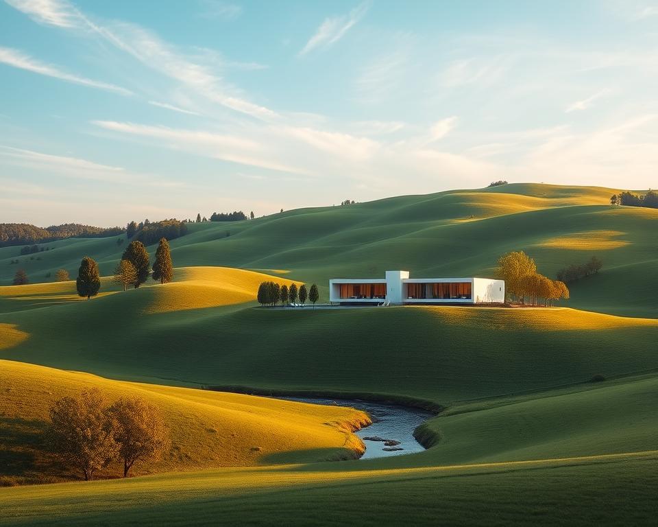 A serene, minimalist landscape of rolling green hills, dotted with lush trees and a meandering stream. In the foreground, a sleek, modern building with clean lines and large windows, bathed in warm, natural light. The building's design seamlessly integrates with the surrounding environment, showcasing sustainable architecture and materials. In the background, a clear blue sky with wispy clouds, conveying a sense of tranquility and harmony. The overall scene evokes a balance between nature and modern, eco-friendly design, reflecting the concept of sustainable business strategies.