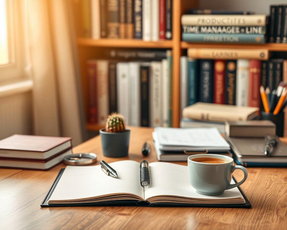 A serene office desk with an open notebook, a pen, and a cup of coffee, all bathed in warm, natural lighting. In the background, a bookshelf filled with tomes on productivity and time management. On the desk, a small cactus plant and a neatly organized array of office supplies, symbolizing the importance of structure and prioritization in everyday life. The scene conveys a sense of focus, efficiency, and the deliberate management of tasks and responsibilities.