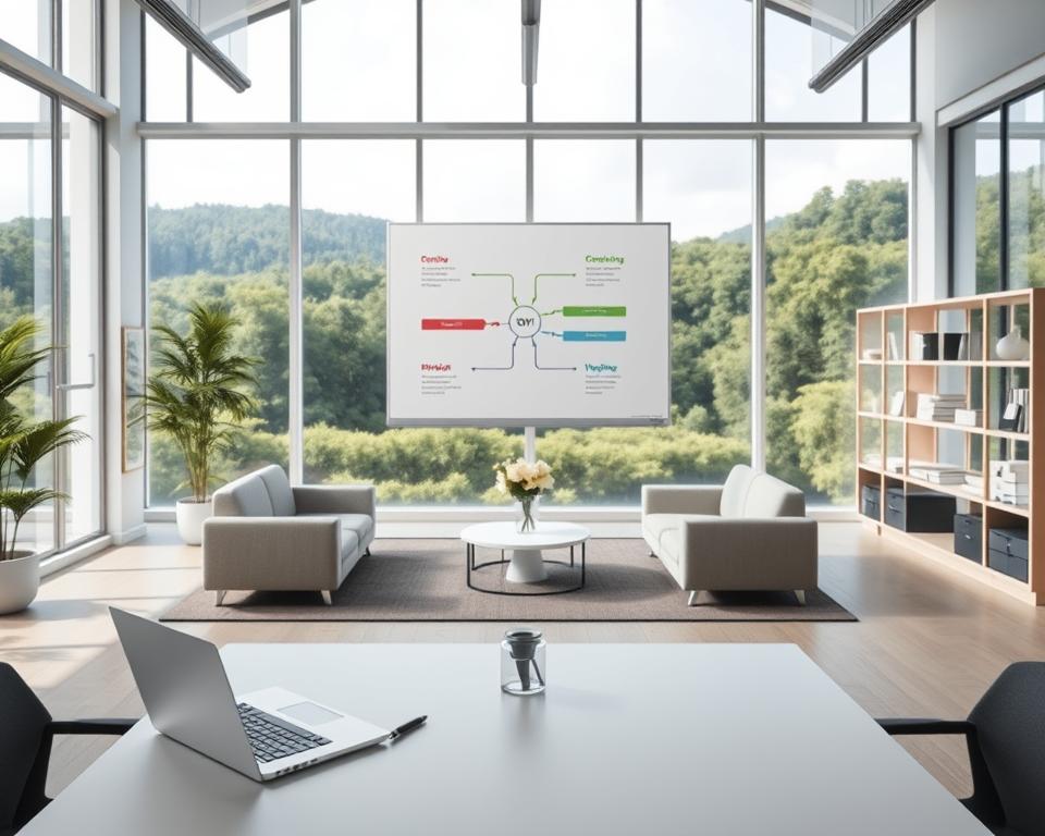A serene office interior with large windows overlooking a lush, verdant landscape. The space is filled with natural light and a sense of tranquility. In the foreground, a sleek, minimalist desk with a laptop, a pen, and a simple vase of flowers. Behind it, a whiteboard on the wall displays a SWOT analysis diagram, its components neatly organized and visually appealing. The middle ground features comfortable seating areas and shelves showcasing various business-related items. The background depicts a peaceful, idyllic outdoor scene, creating a calming and inspirational environment. The overall atmosphere conveys a balance between the internal strengths and weaknesses of the company, encouraging thoughtful analysis and strategic planning.