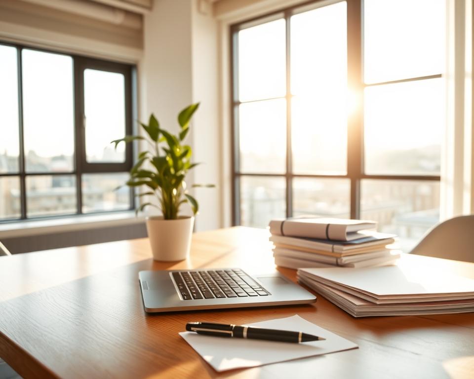 A serene office scene with minimalist decor, sunlight filtering through large windows, casting warm, soft illumination on a wooden desk and a potted plant. In the foreground, a laptop and a pen sit neatly arranged, conveying a sense of professionalism and organization. The middle ground features a stack of documents, symbolizing the administrative requirements for the Gründungszuschuss. The background showcases a cityscape beyond the windows, hinting at the entrepreneurial opportunities this grant may enable. The overall atmosphere evokes a mood of productivity, focus, and the potential for new beginnings.