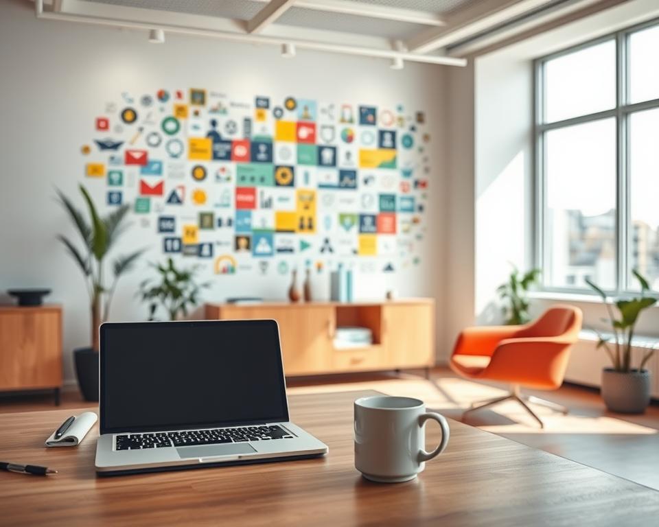 A serene office setting with a vibrant array of visual cues, inviting the viewer to explore alternative pathways to entrepreneurial success. In the foreground, a stylized desk arrangement featuring a laptop, a stack of folders, and a mug of coffee, hinting at the contemplative nature of the decision-making process. The middle ground showcases a wall display with a mosaic of icons and infographics, representing the diverse range of funding options and support programs available. In the background, a large window allows natural light to flood the space, creating a sense of openness and possibility. The overall atmosphere exudes a sense of thoughtful deliberation, encouraging the viewer to consider the alternatives to the traditional Gründungszuschuss.