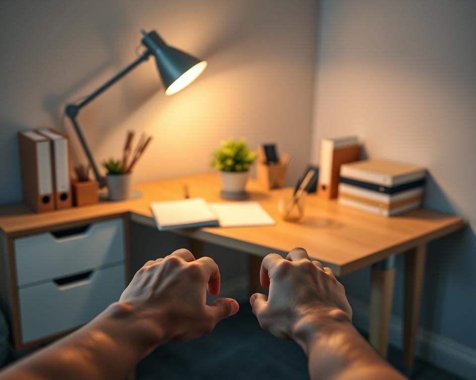 A serene office workspace with a wooden desk, a neatly organized set of office supplies, and a potted plant. The desk is illuminated by soft, warm lighting from a desk lamp, casting a cozy glow over the scene. In the foreground, a pair of hands rests on the desk, symbolizing the act of prioritizing and managing one's tasks. The background features a minimalist, calming wall texture, complementing the overall tranquil atmosphere. The image conveys a sense of focus, productivity, and intentional self-management.