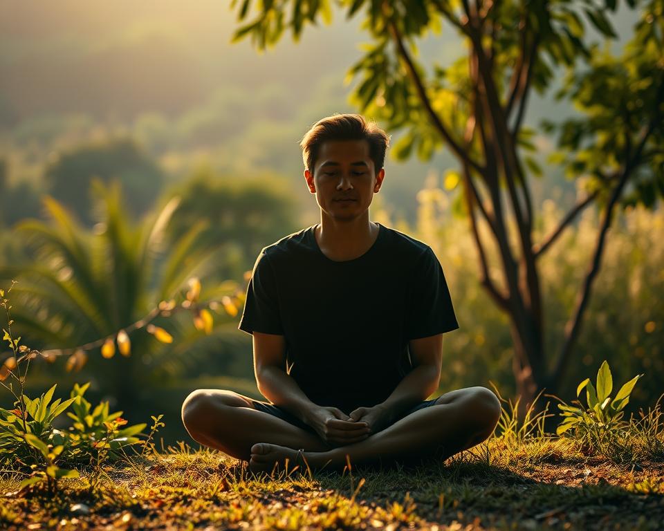 A serene, peaceful scene of a person sitting in contemplation, surrounded by lush greenery and a calming natural landscape. The subject's face is obscured, allowing the viewer to project their own introspection onto the scene. Warm, soft lighting illuminates the figure, creating an atmosphere of introspection and clarity. The composition is balanced, with the figure positioned in the center, grounded by the natural elements around them. The overall mood is one of tranquility and focus, capturing the essence of setting priorities and finding inner harmony.