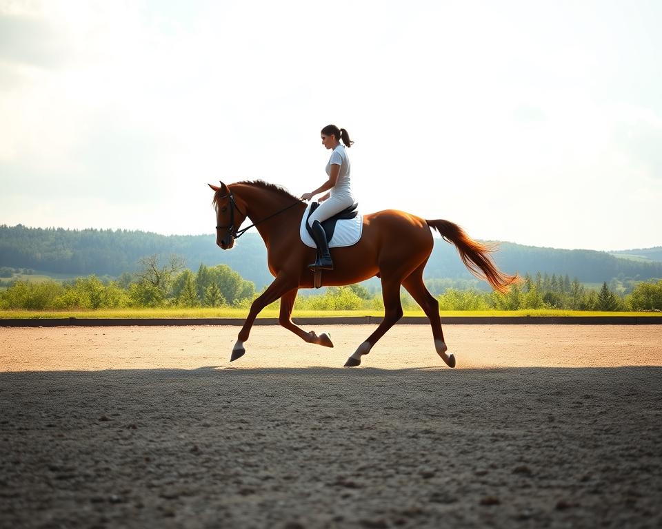 A serene, sun-dappled equestrian training arena, where a lone horse and rider engage in graceful, self-directed movements. The majestic animal, its chestnut coat gleaming, executes a series of well-practiced dressage maneuvers with effortless poise. The rider, sitting tall and composed in the saddle, guides the horse's momentum with subtle cues, their partnership radiating confidence and independence. In the distance, a lush, verdant landscape frames the scene, evoking a sense of peaceful self-reliance. Soft, warm lighting filters through wispy clouds, casting a gentle glow over the harmonious tableau.