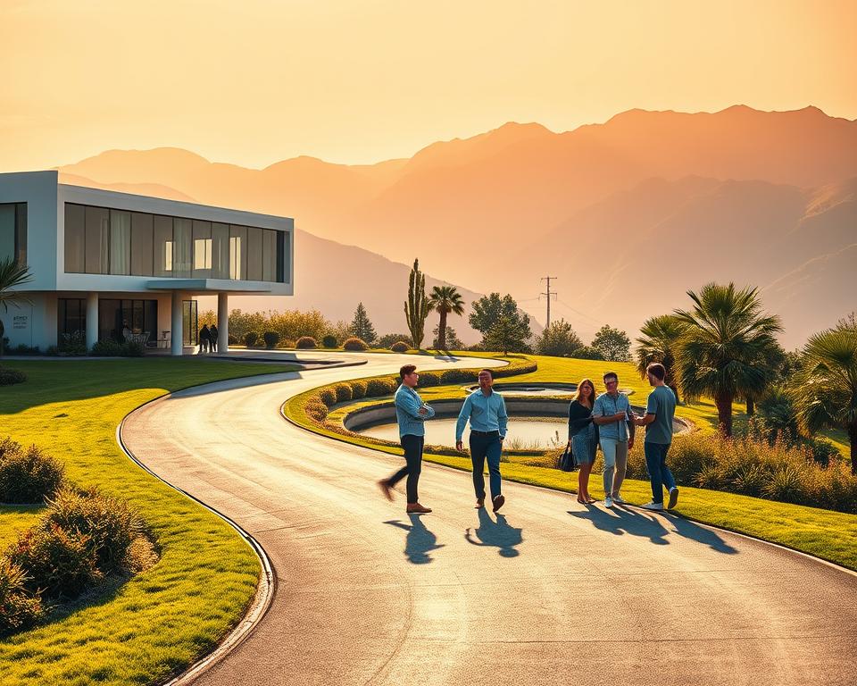 A serene, sunlit landscape with a winding road leading towards a modern, minimalist office building. The architecture features clean lines, large windows, and a sleek, contemporary design. In the foreground, a group of young, dynamic professionals are engaged in a lively discussion, their body language and expressions conveying a sense of collaboration and success. The middle ground showcases a well-manicured garden with lush greenery and a tranquil water feature, creating a calming, harmonious atmosphere. The background is dominated by a picturesque mountain range, bathed in a warm, golden glow, symbolizing the height of achievement and prosperity. The overall scene radiates a feeling of progression, growth, and the attainment of online success through the HPA method.