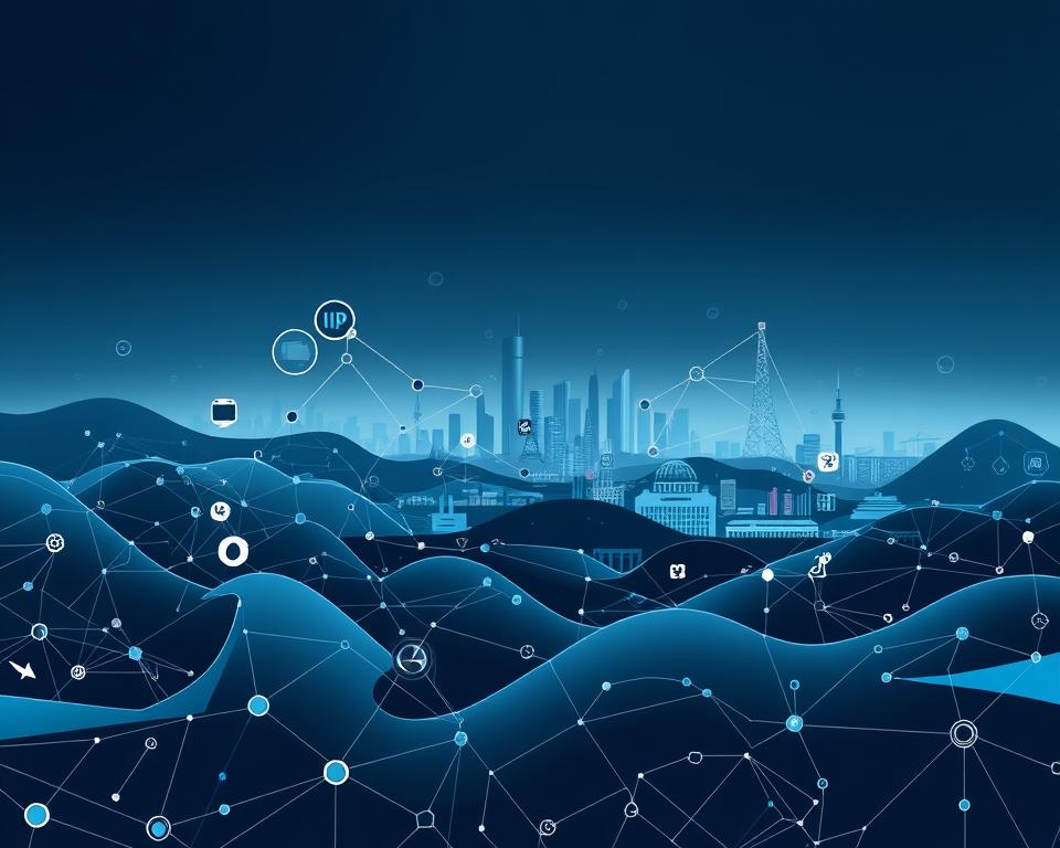 A sleek, futuristic illustration showcasing the diverse landscape of the technology industry. In the foreground, a seamless arrangement of geometric shapes and gradients, representing the interconnectedness of various sectors - software, hardware, telecommunications, and more. The middle ground features abstract representations of key players and emerging trends, hinting at the dynamic and rapidly evolving nature of the tech sphere. The background is a subtle, minimalist cityscape, bathed in a cool, futuristic lighting, conveying a sense of progress and innovation. The overall composition is clean, elegant, and visually striking, capturing the essence of the "Technologiebranche Überblick" in a modern, sophisticated manner.