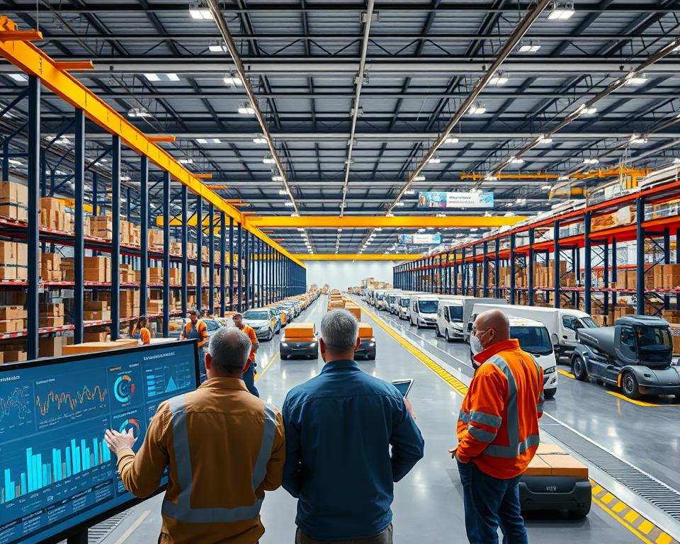 A sleek, modern logistics facility with a focus on supply chain optimization. In the foreground, a group of workers collaborating on a digital dashboard, monitoring real-time data and forecasting trends. The middle ground features rows of automated storage and retrieval systems, efficiently managing inventory. In the background, a network of transportation vehicles, both autonomous and traditional, seamlessly connecting the facility to global distribution hubs. Bright, natural lighting illuminates the scene, conveying a sense of efficiency, innovation, and technological prowess. The overall atmosphere is one of a well-oiled, data-driven supply chain system, optimized for speed, flexibility, and cost-effectiveness.