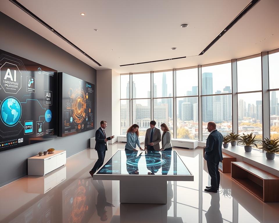 A sleek, modern office interior with minimalist decor and clean lines. The walls are adorned with futuristic digital displays showcasing various AI-powered innovations, their visuals pulsing and evolving dynamically. In the center, a group of professionals in smart casual attire are gathered around a large, interactive touchscreen table, collaborating on a cutting-edge project. The lighting is bright and warm, creating an atmosphere of innovation and productivity. Through the expansive windows, a cityscape of towering skyscrapers and bustling streets can be seen, hinting at the company's global reach and influence. The overall scene conveys a sense of technological prowess, entrepreneurial spirit, and a vision for the future.
