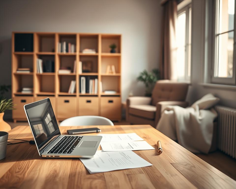 A small home-based office with a laptop, papers, and a plant on a wooden desk, illuminated by soft natural light from a large window. In the background, a minimalist bookshelf and a cozy armchair, evoking a sense of productive, self-sufficient entrepreneurship. The atmosphere is one of calm, focus, and the possibility of building a thriving business with limited resources. The lighting is warm and inviting, creating a sense of comfort and accomplishment.